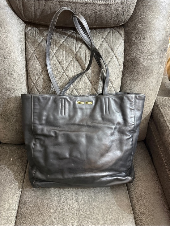 Miu Miu Handbags - Miu Miu Black Leather Shoulder Tote with Gold Logo